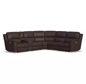 Henry Burnt Umber Leather 6 Piece Modular Zero Gravity Power Reclining Sectional with Power Headrest and USB Charging