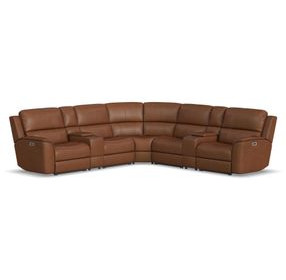 Henry Caramel Leather 7 Piece Modular Zero Gravity Power Reclining Sectional with Power Headrests and USB Charging