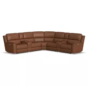 Henry Caramel Leather 7 Piece Modular Zero Gravity Power Reclining Sectional with Power Headrests and USB Charging