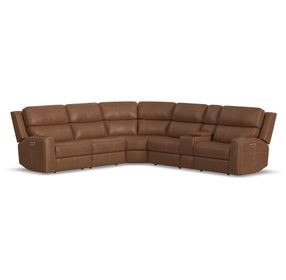 Linden Caramel Leather 6 Piece Modular Zero Gravity Power Reclining Sectional with Power Lumbar and USB Charging