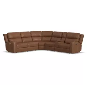 Linden Caramel Leather 6 Piece Modular Zero Gravity Power Reclining Sectional with Power Lumbar and USB Charging