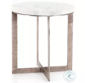 Lennie Polished White Marble And Brushed Nickel Round Nightstand
