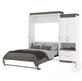 Orion White And Walnut Grey 94" Queen Murphy Bed And Storage Cabinet With Pull Out Shelf