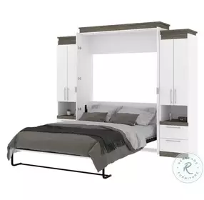Orion White And Walnut Grey 104" Queen Murphy Bed And 2 Storage Cabinets With Pull Out Shelves