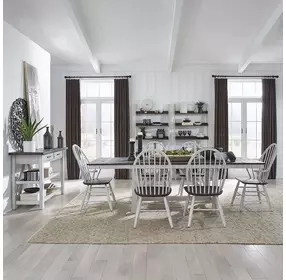 Farmhouse White and Brown 7 Piece Extendable Trestle Base Dining Set