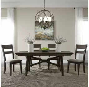 Double Bridge Dark Chestnut and Gray Upholstered 5 Piece Extendable Trestle Base Dining Set