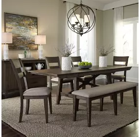 Double Bridge Dark Chestnut and Gray Upholstered 6 Piece Extendable Trestle Base Dining Set