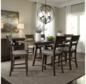 Double Bridge Dark Chestnut and Gray Upholstered 7 Piece Extendable Gathering Dining Set
