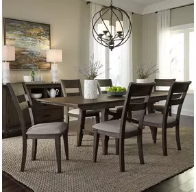 Double Bridge Dark Chestnut and Gray Upholstered 7 Piece Extendable Trestle Base Dining Set