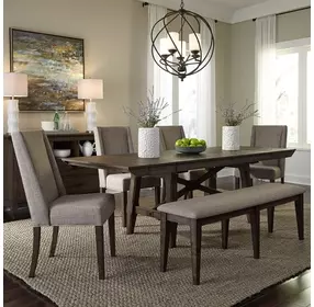 Double Bridge Dark Chestnut and Gray 6 Piece Extendable Trestle Base Dining Set