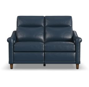 Elizabeth Dark Sea Blue Leather 58" Power Reclining Loveseat with Nailhead Trim and USB Charging