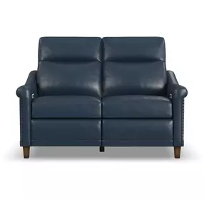 Elizabeth Dark Sea Blue Leather 58" Power Reclining Loveseat with Nailhead Trim and USB Charging