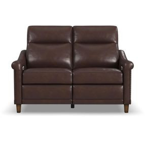 Elizabeth Brunette Brown Leather 58" Power Reclining Loveseat with Nailhead Trim and USB Charging