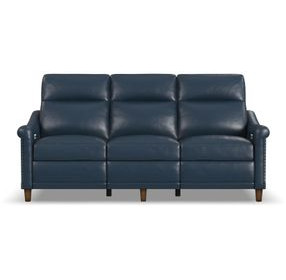 Elizabeth Dark Sea Blue Leather 82" Power Reclining Sofa with Nailhead Trim and USB Charging