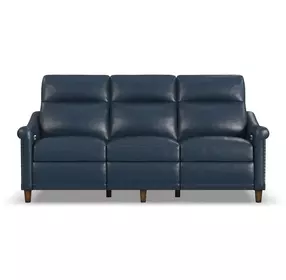 Elizabeth Dark Sea Blue Leather 82" Power Reclining Sofa with Nailhead Trim and USB Charging