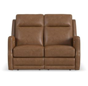 Maxwell Cedar Brown Leather 56" Zero Gravity Triple Power Reclining Loveseat with USB Charging and Nailhead Trim