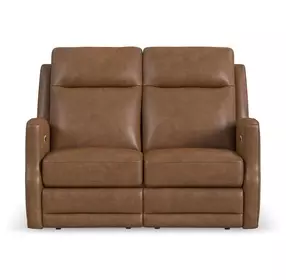 Maxwell Cedar Brown Leather 56" Zero Gravity Triple Power Reclining Loveseat with USB Charging and Nailhead Trim