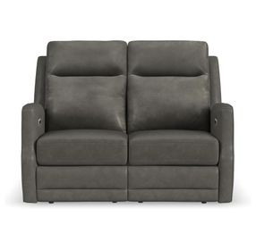 Maxwell Cinder Gray Leather 56" Zero Gravity Triple Power Reclining Loveseat with USB Charging and Nailhead Trim