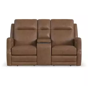 Maxwell Cedar Brown Leather 69" Zero Gravity Triple Power Reclining Loveseat with USB Charging and Nailhead Trim