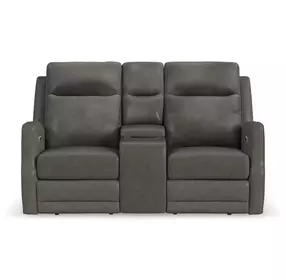 Maxwell Cinder Gray Leather 69" Zero Gravity Triple Power Reclining Loveseat with USB Charging and Nailhead Trim