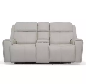 Barnett Cream Leather Power Reclining Console Loveseat With Power Headrest And Lumbar