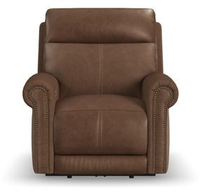 Alexander Weathered Khaki Brown Leather Zero Gravity Triple Power Recliner with USB Charging and Nailhead Trim