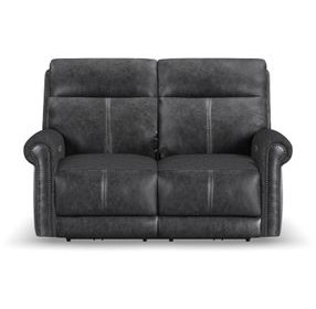 Alexander Weathered Stone Gray Leather 64" Zero Gravity Triple Power Reclining Loveseat with USB Charging and Nailhead Trim