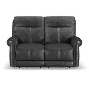 Alexander Weathered Stone Gray Leather 64" Zero Gravity Triple Power Reclining Loveseat with USB Charging and Nailhead Trim