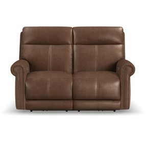 Alexander Weathered Khaki Brown Leather 64" Zero Gravity Triple Power Reclining Loveseat with USB Charging and Nailhead Trim
