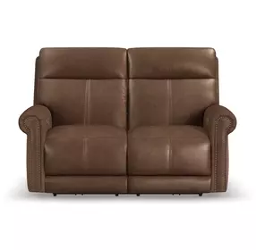 Alexander Weathered Khaki Brown Leather 64" Zero Gravity Triple Power Reclining Loveseat with USB Charging and Nailhead Trim