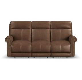 Alexander Weathered Khaki Brown Leather 87" Zero Gravity Triple Power Reclining Sofa with USB Charging and Nailhead Trim