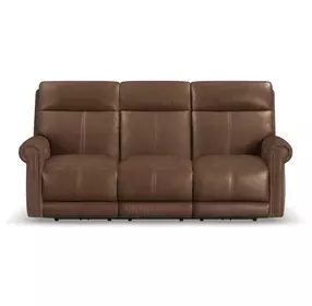 Alexander Weathered Khaki Brown Leather 87" Zero Gravity Triple Power Reclining Sofa with USB Charging and Nailhead Trim