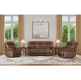 Alexander Weathered Khaki Brown Leather Zero Gravity Triple Power Reclining Living Room Set