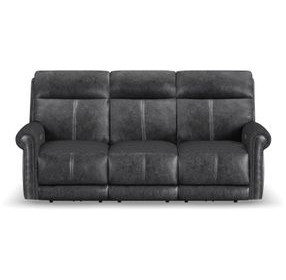 Alexander Weathered Stone Gray Leather 87" Zero Gravity Triple Power Reclining Loveseat with USB Charging and Nailhead Trim
