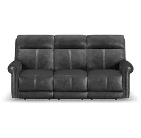 Alexander Weathered Stone Gray Leather 87" Zero Gravity Triple Power Reclining Loveseat with USB Charging and Nailhead Trim