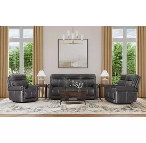 Alexander Weathered Stone Gray Leather Zero Gravity Triple Power Reclining Living Room Set