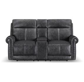 Alexander Weathered Stone Gray Leather 76" Zero Gravity Triple Power Reclining Loveseat with USB Charging and Nailhead Trim