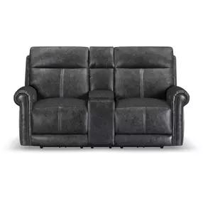 Alexander Weathered Stone Gray Leather 76" Zero Gravity Triple Power Reclining Loveseat with USB Charging and Nailhead Trim