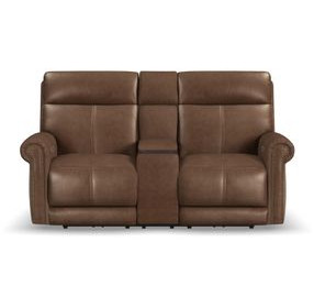 Alexander Weathered Khaki Brown Leather 76" Zero Gravity Triple Power Reclining Loveseat with USB Charging and Nailhead Trim