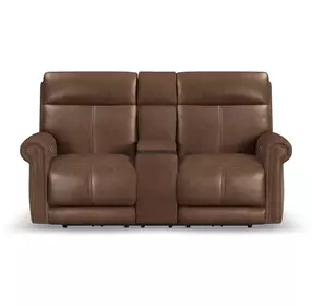Alexander Weathered Khaki Brown Leather 76" Zero Gravity Triple Power Reclining Loveseat with USB Charging and Nailhead Trim
