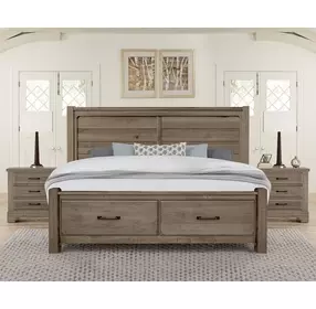 Cool Rustic Stone Gray Plank Storage Panel Bedroom Set