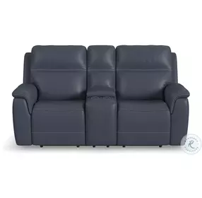 Sawyer Marine Blue Leather Power Reclining Console Loveseat With Power Headrest And Lumbar
