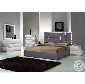 Degas Charcoal Upholstered Platform Bedroom Set with Milan White Lacquer Casegood
