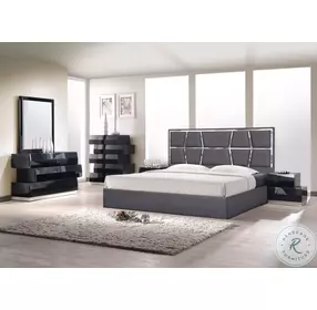 Degas Charcoal Upholstered Platform Bedroom Set with Milan Black Lacquer Casegood
