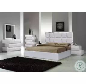 Degas Silver Grey Upholstered Platform Bedroom Set with Milan White Lacquer Casegood