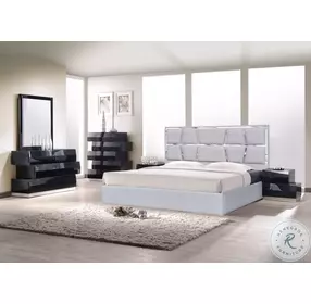 Degas Silver Grey Upholstered Platform Bedroom Set with Milan Black Lacquer Casegood