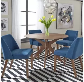 Space Savers Satin Walnut and Denim Blue Upholstered 5 Piece Pedestal Base Dining Set