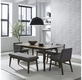 Space Savers Satin Walnut and Gray Upholstered 6 Piece Extendable Leg Dining Set
