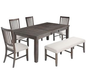 Willow Dark Brown and Beige Upholstered 6 Piece Dining Set with Nailhead Trim and Bench