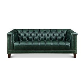 Picavel Green Leather 84" Sofa with Nailhead Trim